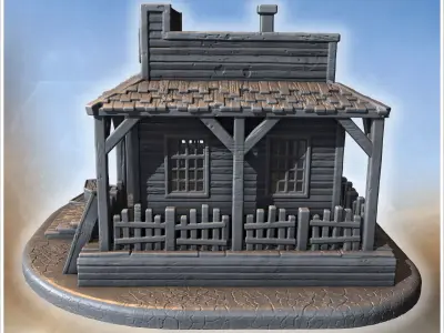 Funeral home with wooden coffins porch columns picket fence and  3D print model