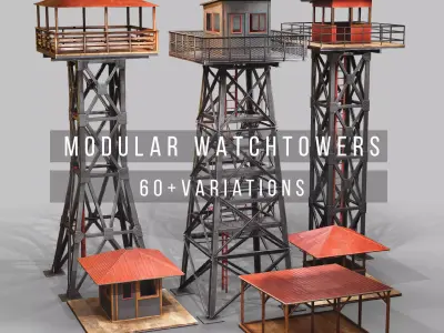 Game-Ready Modular Watchtowers set Low-poly 3D model