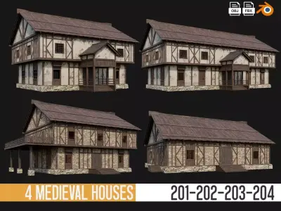 201-202-203-204 Old Medieval Houses Pack 4K Textures Low-poly 3D model