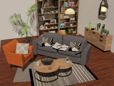 Bronx living room with furniture and bookshelves 3D model