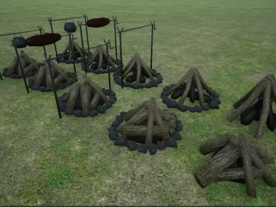 Lowpoly Campfires fire pit in middle of grassy field Low-poly 3D model