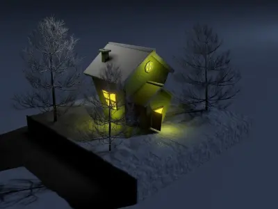 Snowfall in winter time on snow house Low-poly 3D model