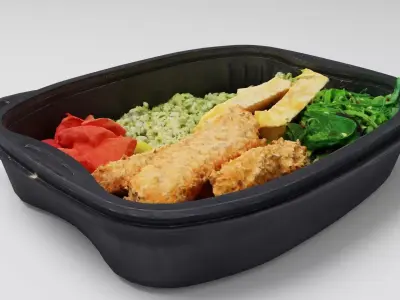 Poke bowl lunch box with salmon rice tomatoes seaweed algae 3D model