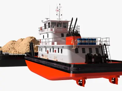 Push Boat Ship and Cargo Barge with Sand 