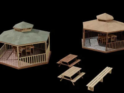 Gazeboo and Bench Low-poly 3D models  3D Model Pack
