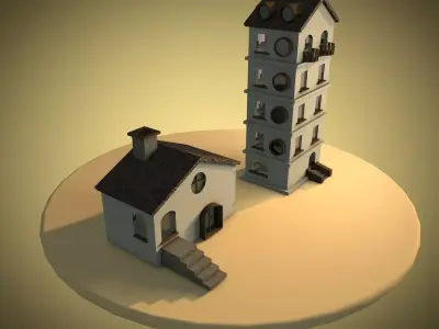 cartoon houses in Spanish cottage style 3D model