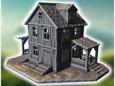 Two-story wooden house with a covered porch damaged roof and woo 3D print model