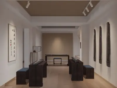 Zen Style Tea Room and Guzheng Learning Room Interior Scen 3D model