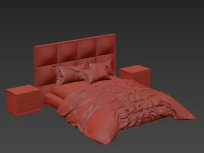Bed-01 bed with headboard and two nightstands 3D model