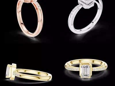 Emerald Cut Diamond Ring CAD Model with Side Gems 3D print model