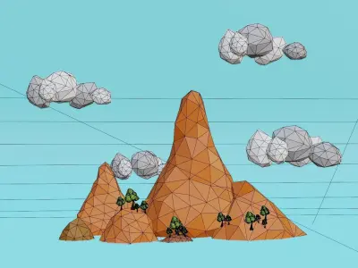Stylized Low-Poly Mountain Terrain with Trees and Clouds Low-poly 3D model