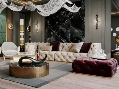 Furniture set modern living room with gold and marble accents 3D model