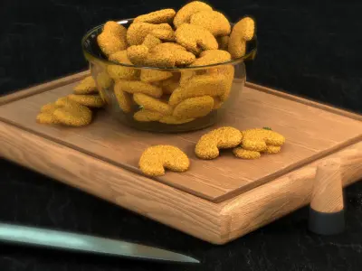 Nuggets bowl of peanuts and knife on cutting board Low-poly 3D model