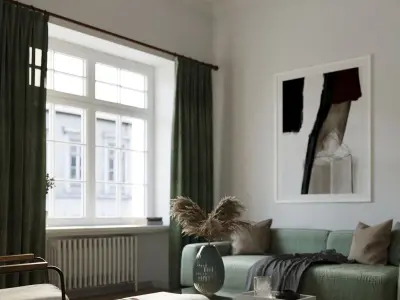 Minimalistic Living Room and Kitchen with Wood Parquet Floor Low-poly 3D model