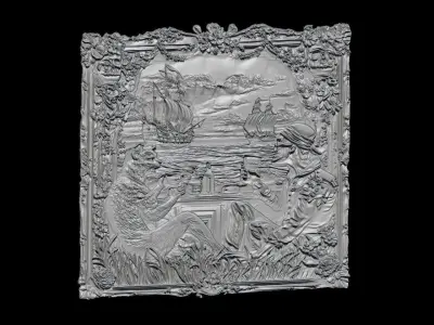 Fantasy Pirate Bar Relief  Cat and Skeleton Drinking Coffee 3D print model