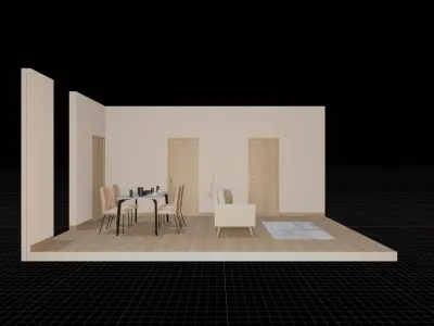 Isometric Dining Living Room With Wood Floor 3D model