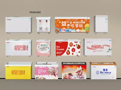 Ice cream freezer with curved glass doors 3D model 3D model