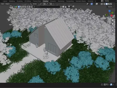 3D Modern House with Garden Lights Exterior Visualization Scene Low-poly 3D model