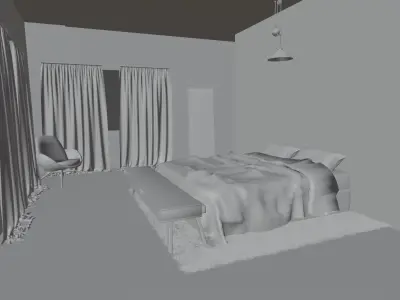 Bedroom with wood floors and bed 3D model