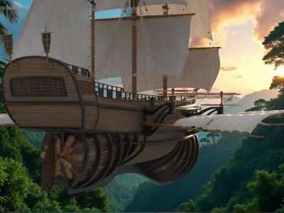  Flying Ship with Floating Island and Pagoda 