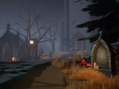 Stylized Graveyard with Church Low-poly 3D model