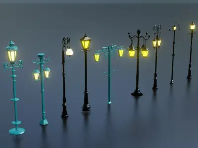 10 classic street light poles game assets Low-poly 3D model