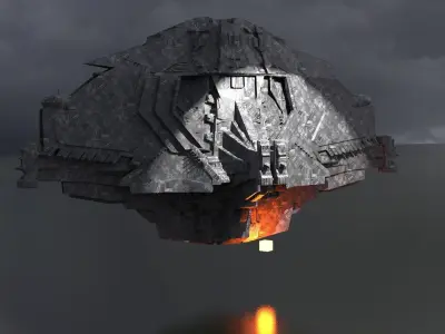 Sci-Fi Stealth Ship crashed Base City Floating 3D model