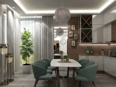 Full detailed Living room hall with kitchen interior scene 3D model