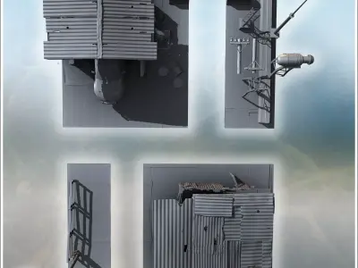 Small industrial complex with corrugated metal roofs water tower 3D print model