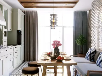 Kitchen with brick walls and wooden flooring Low-poly 3D model