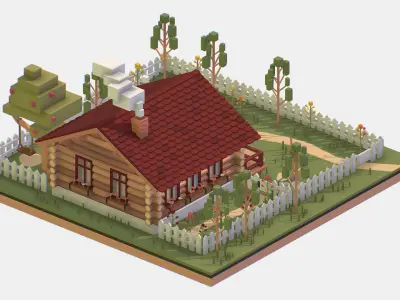 Isometric Village Wood Log House Cottage Garden Low-poly 3D model