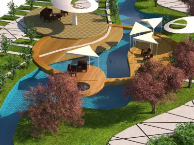 Riverbank park Low-poly 3D model