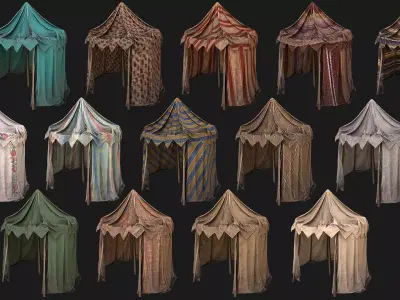 Medieval Market Stalls Cylindrical Tent Pack Low-poly 3D model