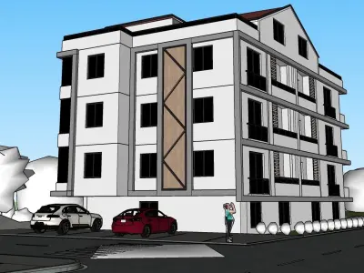APARTMENT building with cars parked 3D model