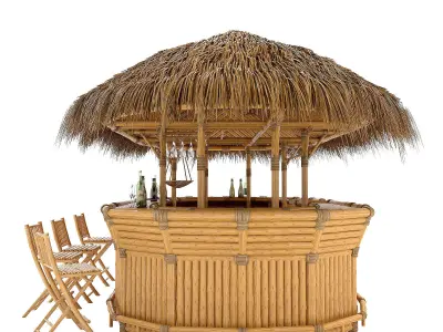 Thatched Bamboo tiki bar oval with chairs 3D model