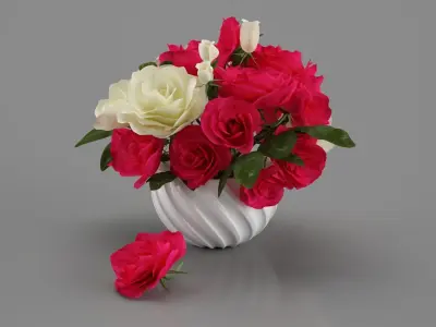 Bouquet of bright pink and white roses in a vase 3D model