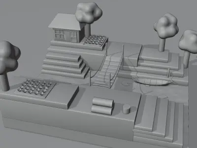 lowpoly land house with trees and river Free 3D model