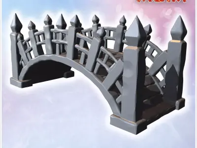 Small wooden bridge with curved design detailed posts and decora 3D print model