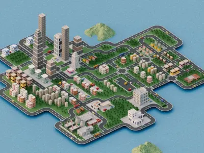 Modular Simple City Town  Low-poly 3D model