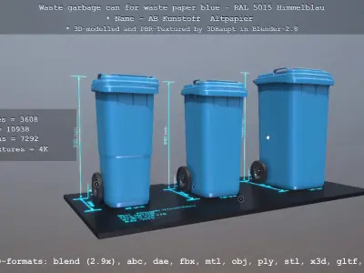 Waste garbage can for waste paper blue - RAL 5015 Himmelblau Low-poly 3D model