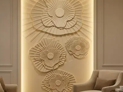 Modern Floral Bas-Relief Wall Decor Set STL Mural CNC 397  3D model