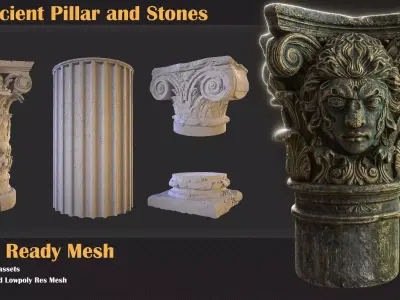 43 Ancient Pillar and Stones   Low-poly 3D model