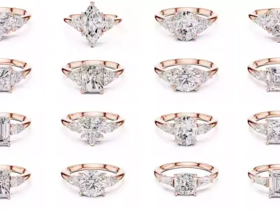 185 Three Stone Rings 3DM STL OBJ FBX 3 Color Render Video 3D Model Pack