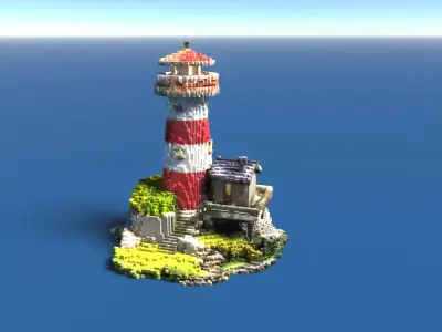 Stylized Voxel Lighthouse Island Low-poly 3D model
