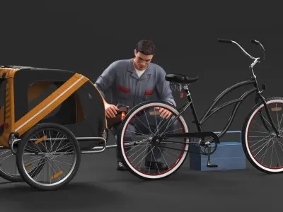  Worker Attaches Pet Trailer to Bicycle 