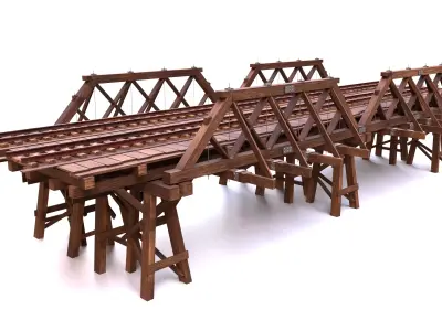 Wooden railway bridge end tracks Low-poly 3D model