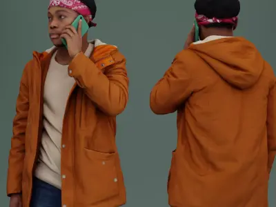 Guy in Orange Jacket with Smartphone 3D model