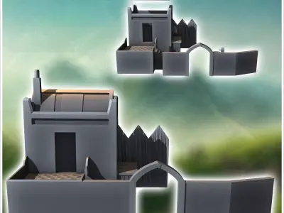Medieval building with low wall with door and wooden palisade 8  3D print model