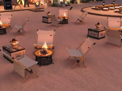 Desert Camping Festival Base with Stage Tents and Camper Trailer 3D model