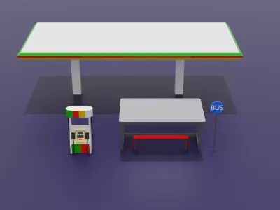 Low Poly Bus Stop Station Gas Station Pack Stylized City Props Low-poly 3D model